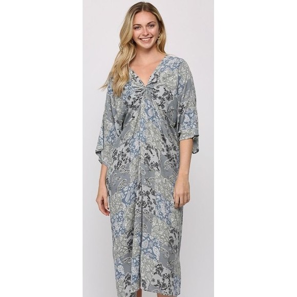 New GIGIO Size S M L Patchwork Print Twist V Neck Midi Dress Back Tassel Tie - Picture 2 of 4